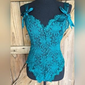 Vtg Victoria's Secret Emerald Green Sz Small Lace Bodysuit Teddy High Cut Y-1